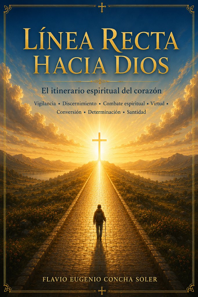 Portada del libro Línea Recta Hacia Dios: un camino empedrado recto lleva a una cruz luminosa en el horizonte, y un peregrino con bastón avanza por él.